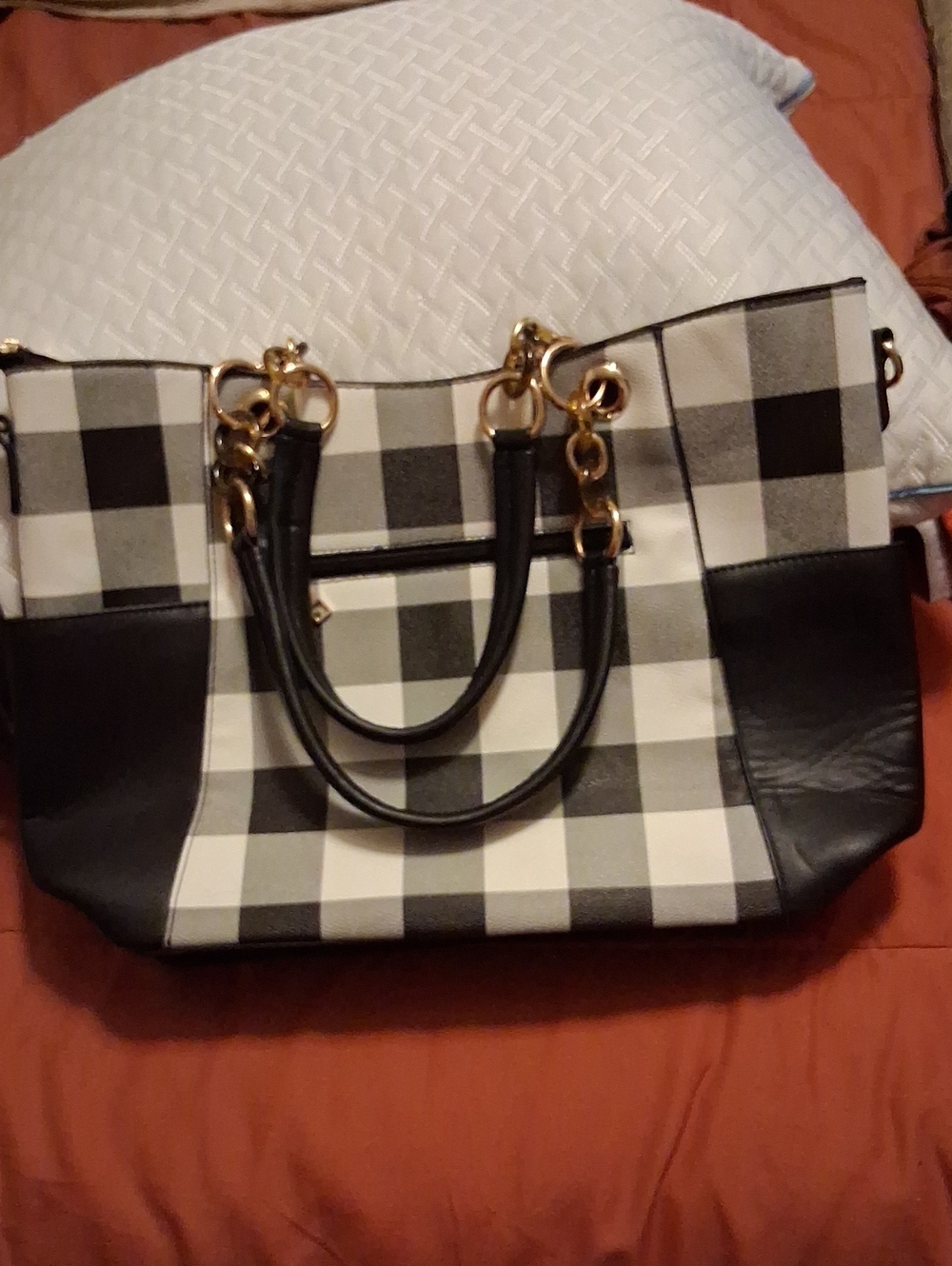 MKF Collection Black & White Plaid Tote with Gold Hardware